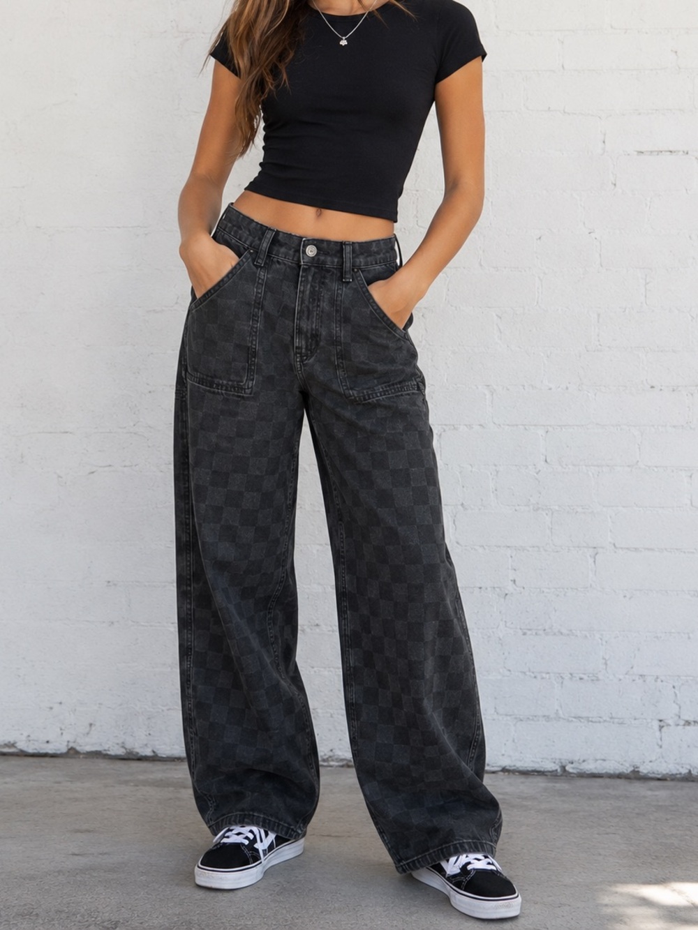 Gap Teen Wide Stride Checkerboard Jeans Girls 20 Black Wide Leg